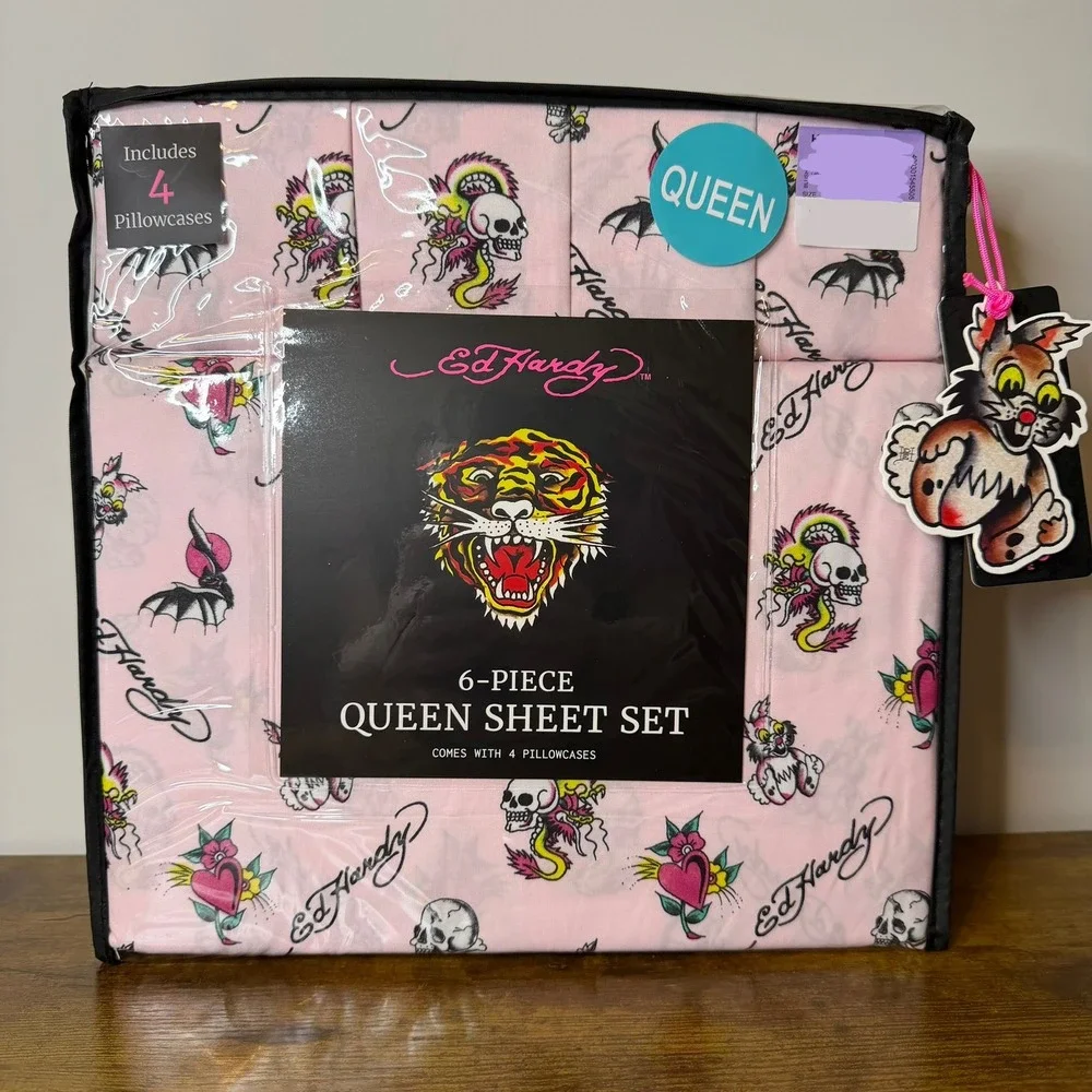 New Ed Hardy Queen 4 Pc Double Brushed Sheet Set Pink Dragon Skull Bedding Y2K
